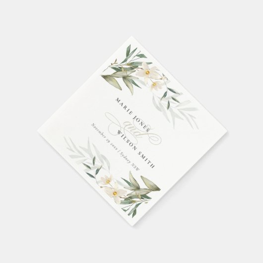 上品な素朴白い緑のフローラバンチ結婚ーズ スタンダードカクテルナプキン (角)
