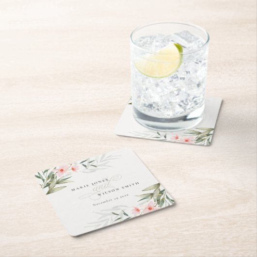 上品な素朴赤面グリーンリーフローラバンチ結婚ーズ スクエアペーパーコースター (インサイチュ)