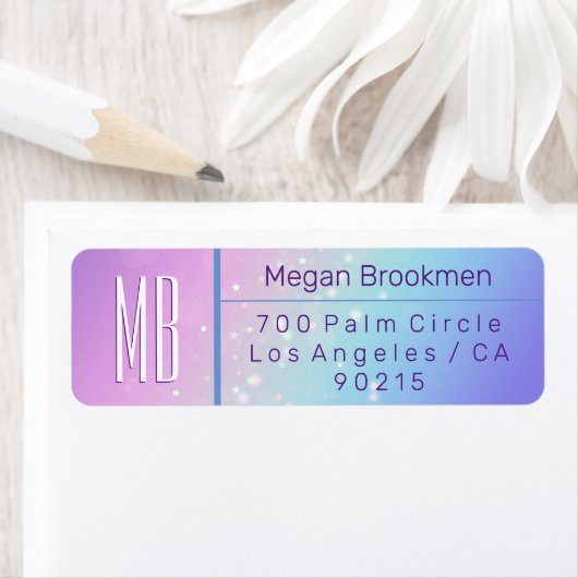 上品な紫と青の《写真》ぼけ味スターモノグラムアドレス ラベル (インサイチュ)
