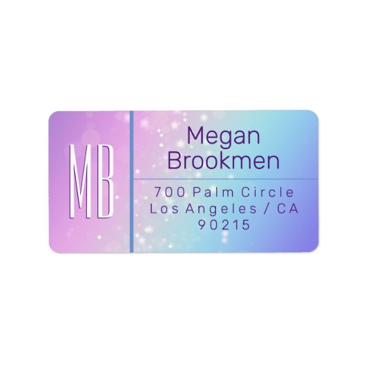 上品な紫と青の《写真》ぼけ味スターモノグラムアドレス ラベル (正面)