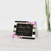 上品な紫の花柄 ブラック＆ホワイトのストライプ お礼 サンキューカード (正面)