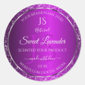 上品な紫色とグリッターイニシャル製品ラベル ラウンドシール (正面)