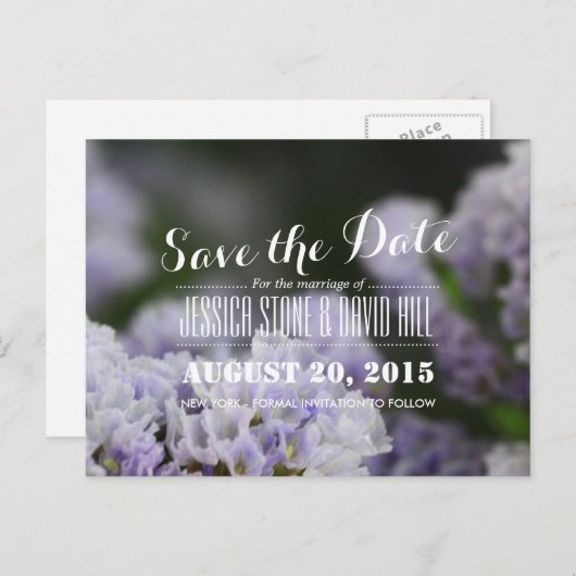 上品な紫色の花の結婚式の日付を保存 案内ポストカード (正面/裏面)