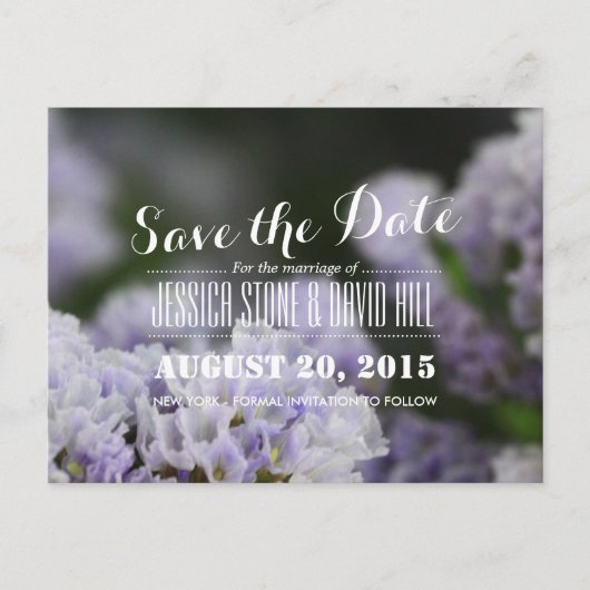 上品な紫色の花の結婚式の日付を保存 案内ポストカード (正面)