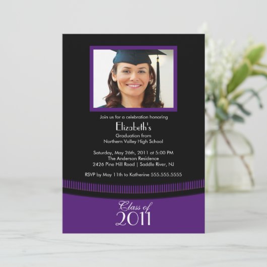 上品な紫色及び黒い卒業の招待状の写真 招待状 (スタンド正面)