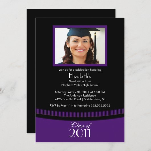 上品な紫色及び黒い卒業の招待状の写真 招待状 (正面/裏面)