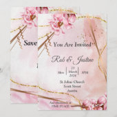上品な結婚式の招待状、ピンクの花 招待状 (正面/裏面)