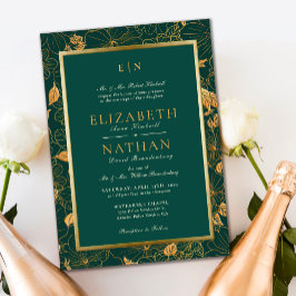 上品な緑と金ゴールドの葉の緑結婚の 招待状