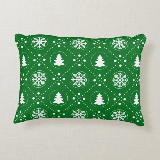 上品な緑の白い雪片のクリスマスツリーのデザイン アクセントクッション (裏面)