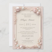上品な編集可能な、優しいピンクと白のパールの赤ちゃん 招待状 (正面)