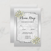 上品な花の宝石、シルバーフレームの結婚式メニュー RSVP (正面/裏面)