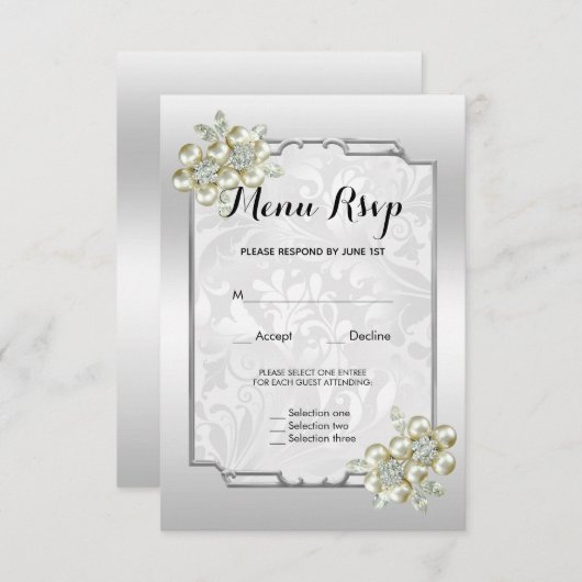 上品な花の宝石、シルバーフレームの結婚式メニュー RSVP (正面/裏面)