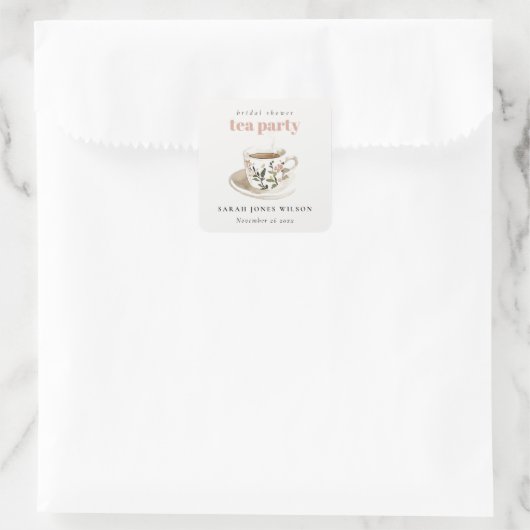 上品な花柄のティーカップ ブライダルシャワーティーパーティー スクエアシール (バッグ)