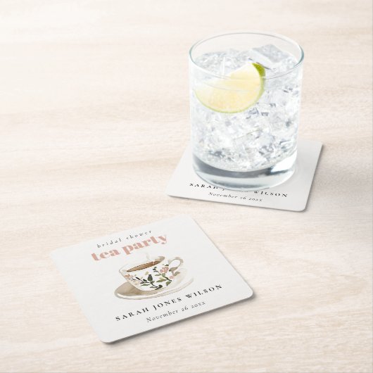 上品な花柄のティーカップ ブライダルシャワーティーパーティー スクエアペーパーコースター (インサイチュ)