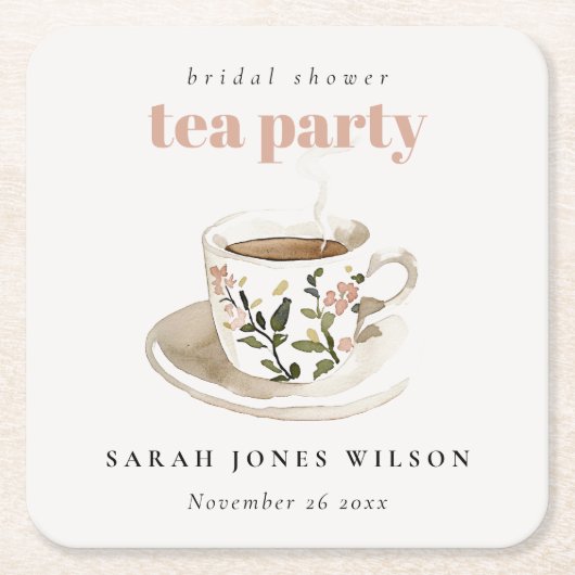 上品な花柄のティーカップ ブライダルシャワーティーパーティー スクエアペーパーコースター (正面)
