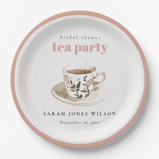 上品な花柄のティーカップ ブライダルシャワーティーパーティー ペーパープレート (正面)