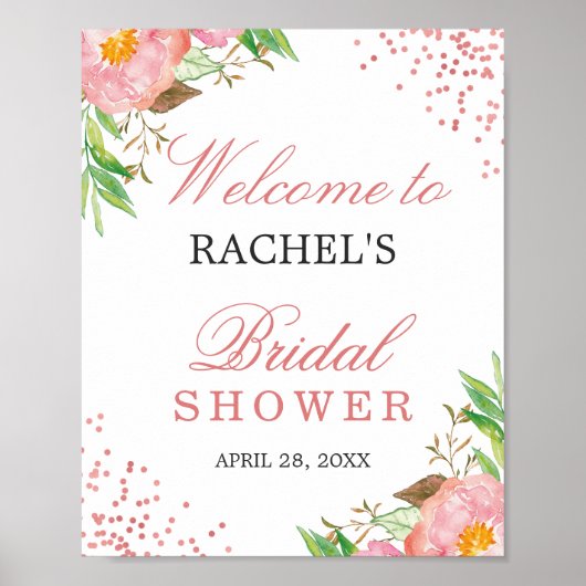 上品な花柄ローズピンクの紙吹雪 ブライダルシャワー ポスター (正面)