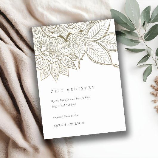 上品な華美ペイズリーアイボリー結婚金ゴールドのレジストリ エンクロージャーカード
