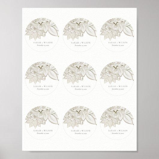 上品な華美ペイズリーアイボリー金ゴールドの結婚ラベル ポスター (正面)