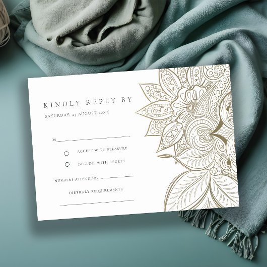 上品な華美ペイズリーアイボリー金ゴールドウェディングRSVP エンクロージャーカード