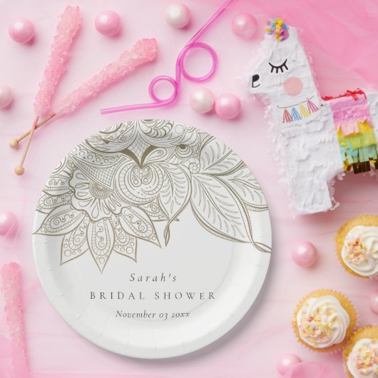 上品な華美ペイズリーアイボリー金ゴールドブライダルシャワー ペーパープレート (パーティー)
