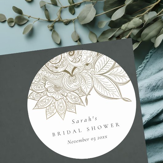 上品な華美ペイズリーアイボリー金ゴールドブライダルシャワー ラウンドシール