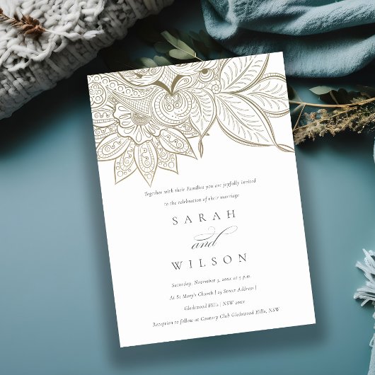 上品な華美ペイズリーアイボリー金ゴールド結婚式の招待 サンキューカード
