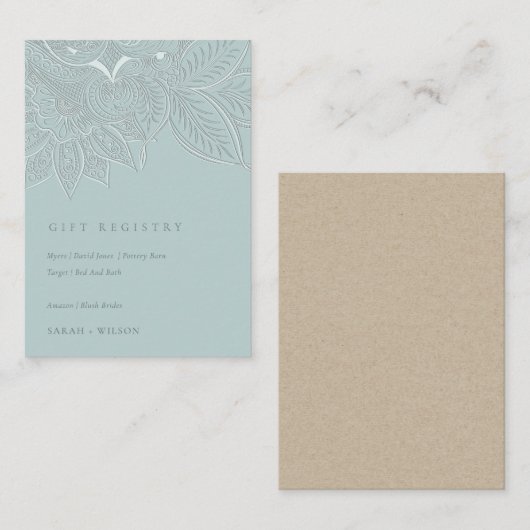 上品な華美ペイズリーダスキブルー結婚ズのレジストリ エンクロージャーカード (正面/裏面)