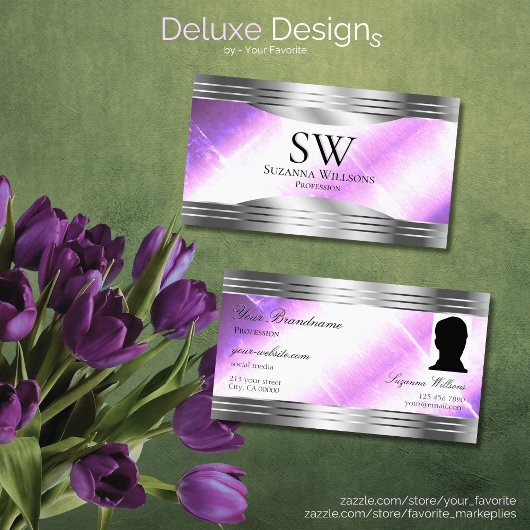 上品な薄紫シルバーきらめく縁どモノグラム写真 名刺