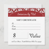 上品な赤いダマスクのギフト証明書 (裏面)