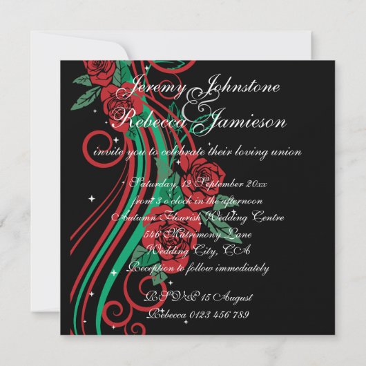 上品な赤いバラと黒の上の緑の結婚渦巻き 招待状 (裏面)