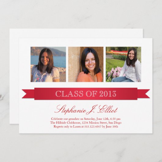 上品な赤いリボン3枚の写真の卒業式の招待状 招待状 (正面/裏面)