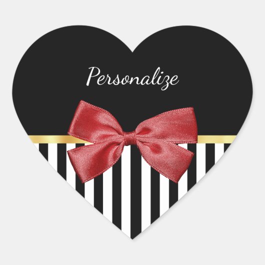 上品な赤い弓の黒と白ストライプの名前 ハートシール (正面)