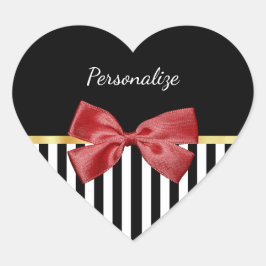 上品な赤い弓の黒と白ストライプの名前 ハートシール