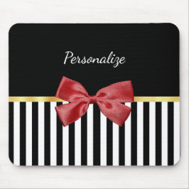 上品な赤い弓の黒と白ストライプの名前 マウスパッド
