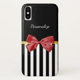 上品な赤い弓の黒と白ストライプの名前 iPhone X ケース