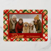 上品な赤い緑の格子水の色のパターンと金ゴールド 箔シーズンカード (正面)