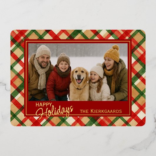 上品な赤い緑の格子水の色のパターンと金ゴールド 箔シーズンカード (正面)