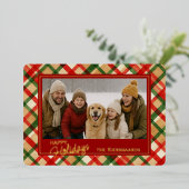 上品な赤い緑の格子水の色のパターンと金ゴールド 箔シーズンカード (立ち正面)