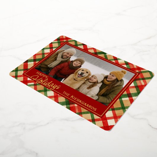 上品な赤い緑の格子水の色のパターンと金ゴールド 箔シーズンカード (回転した状態)