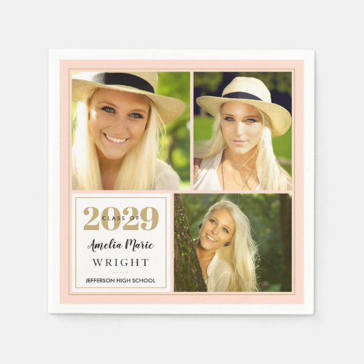 上品な赤面と金ゴールドパーソナライズされた卒業 スタンダードカクテルナプキン (正面)