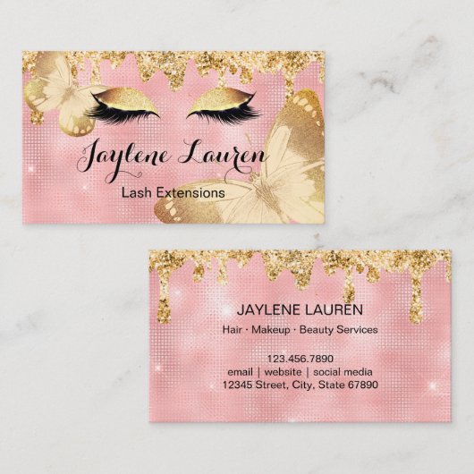 上品な赤面ピンク金ゴールドグリッタードリップズラッシュメイクアップ 名刺 (正面/裏面)
