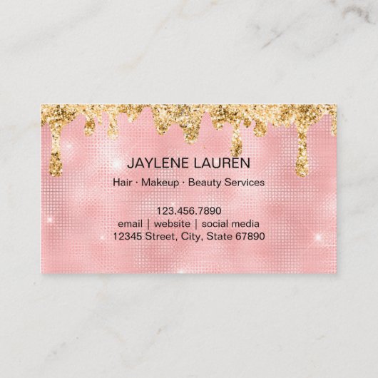 上品な赤面ピンク金ゴールドグリッタードリップズラッシュメイクアップ 名刺 (裏面)