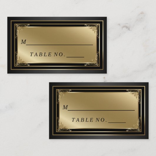 上品な金ゴールドおよび黒い護衛の座席表 プレイスカード (正面/裏面)