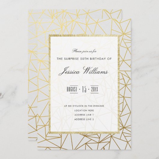 上品な金ゴールドとホワイトサプライズ50th誕生日パーティー 招待状 (正面/裏面)