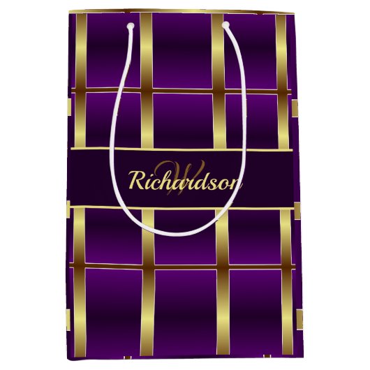 上品な金ゴールドと紫市松模様にモノグラムの ミディアムペーパーバッグ (正面)