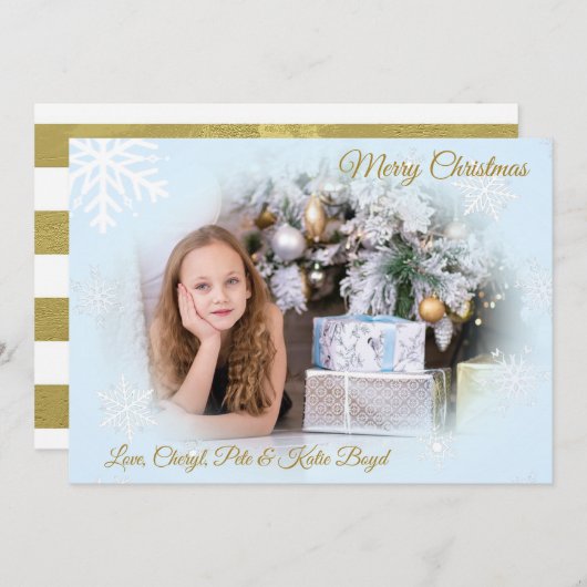 上品な金ゴールドと青いカスタム写真クリスマス 招待状 (正面/裏面)