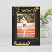 上品な金ゴールドと黒の垂直方向の写真卒業 招待状 (スタンド正面)
