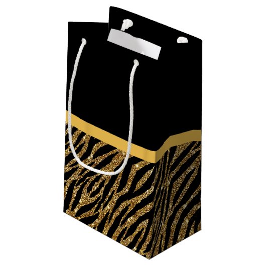 上品な金ゴールドのシマウマのプリントの名前のフェイクな輝きの弓 スモールペーパーバッグ (裏面アングル)