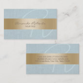 上品な金ゴールドのストライプの青いリネンモノグラム 名刺 (正面/裏面)